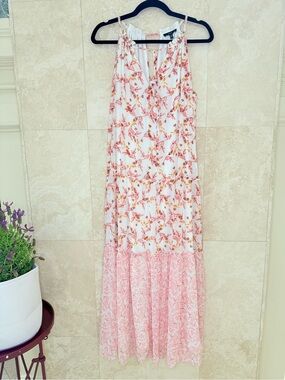 Drew Pink Floral Tiered Maxi Dress Medium Boho Cottagecore NWT